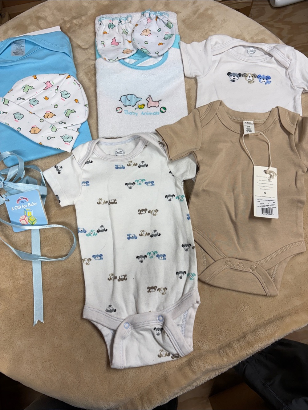 Neutral & Blue Baby One-Piece Bodysuits Pack &  Wash Cloth Set